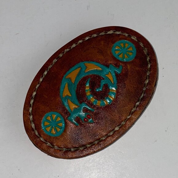 VTG Belt Buckle Master Leather Artist John Glassford Oval Tooled Gecko Symbol - Picture 3 of 5